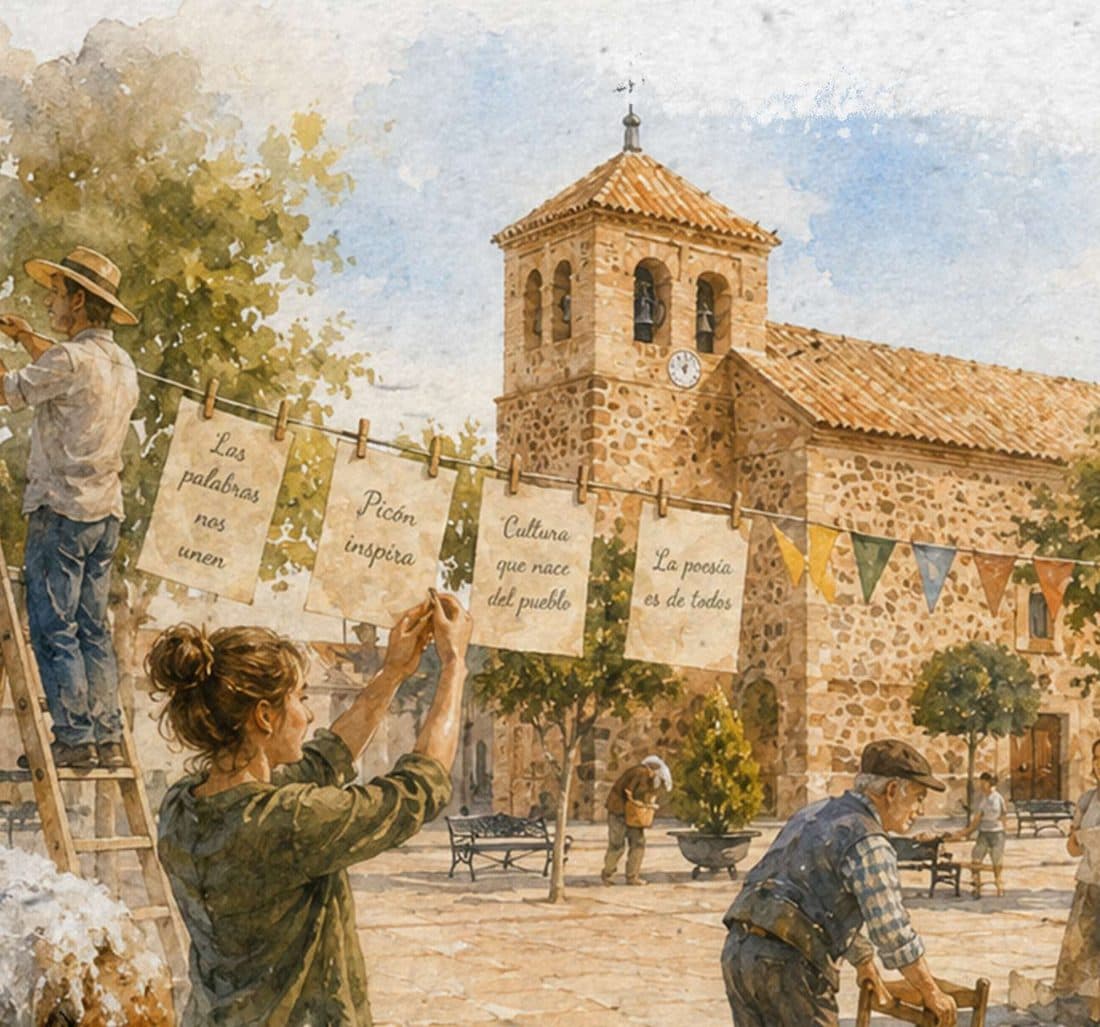 Acuarela de la plaza de la iglesia de Picón con poemas colgados